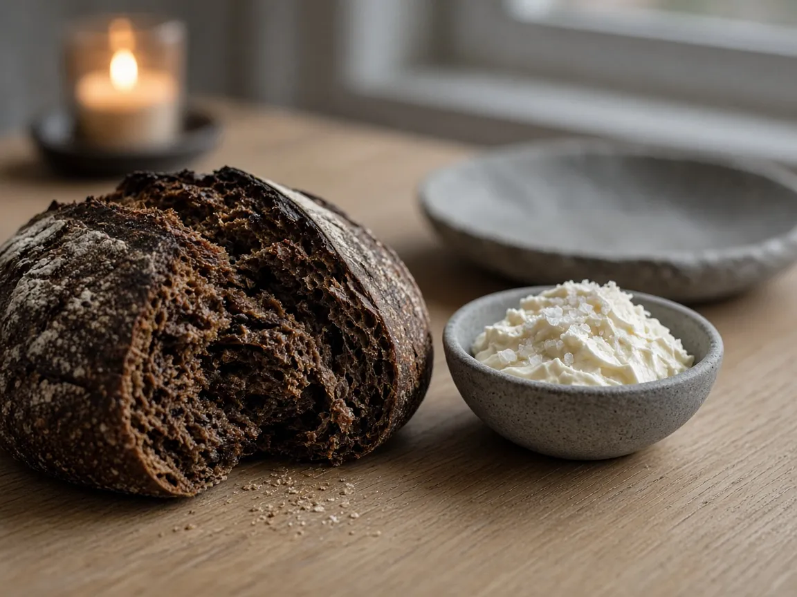 Rye sourdough cooling on a board by the embers