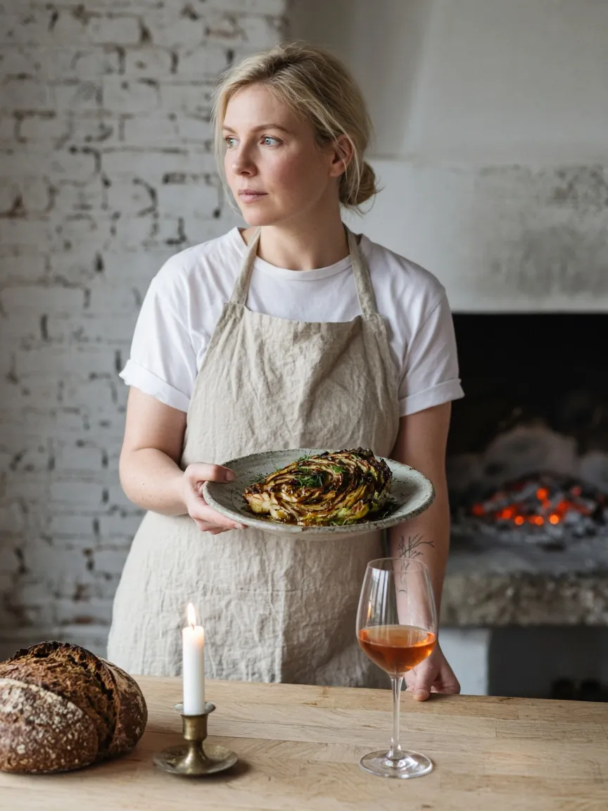 Freja Lindqvist in a linen apron holding a plate of charred cabbage beside the wood-fire hearth