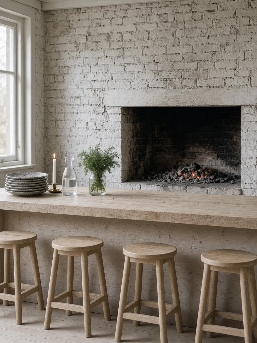 Oak stools at a pale counter facing the wood-fire hearth, with stoneware, a candle and dill