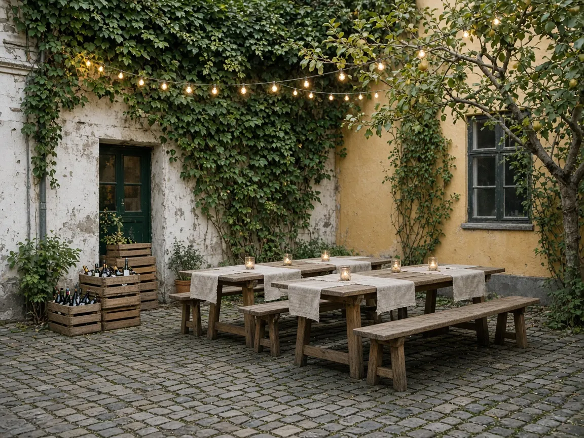 Long wooden tables with linen runners and candles in an ivy-covered cobbled courtyard