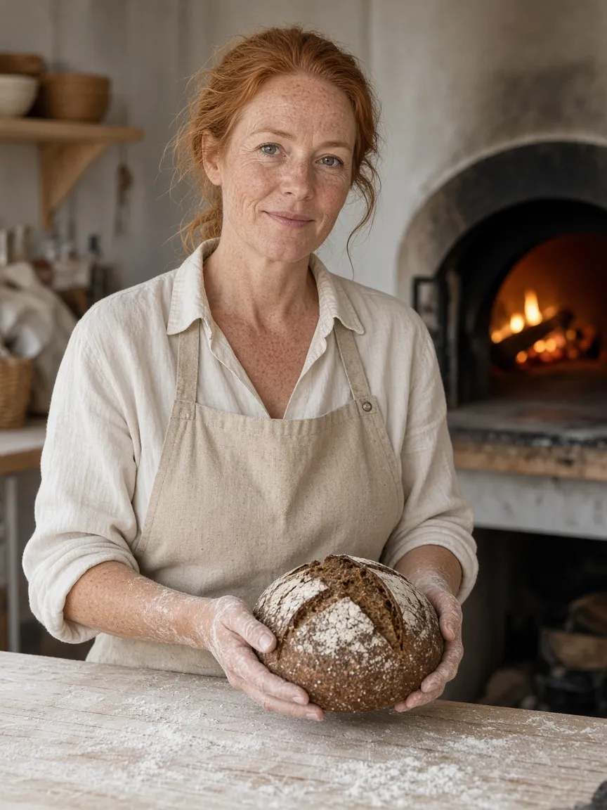 Elin Sørensen with flour on her forearms holding a round loaf of dark rye at a workbench by the wood oven