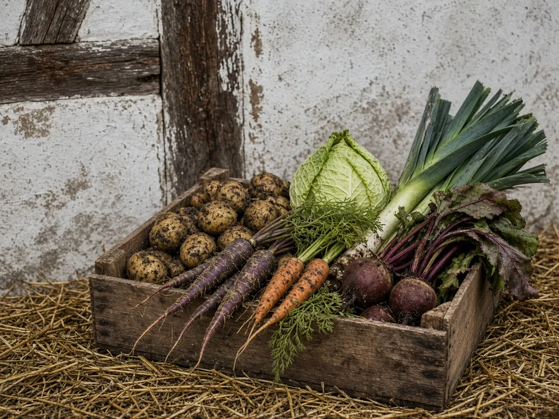 A wooden crate of muddy potatoes, carrots, beetroot, leeks and cabbage on straw