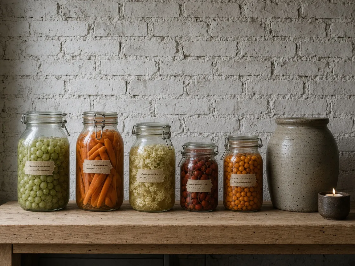 Jars of pickled gooseberries, carrots, sauerkraut, rosehips and sea buckthorn on an oak bench