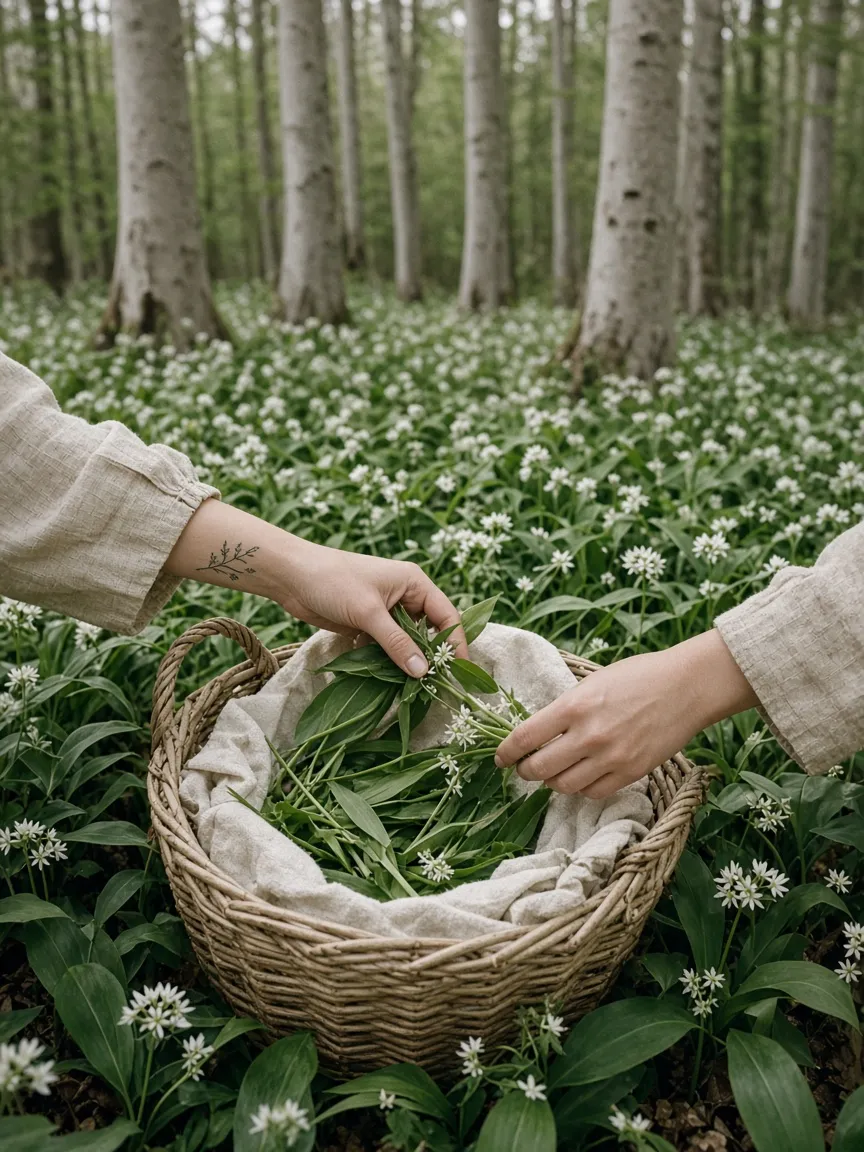 Hands picking wild ramsons into a willow basket in a beech forest