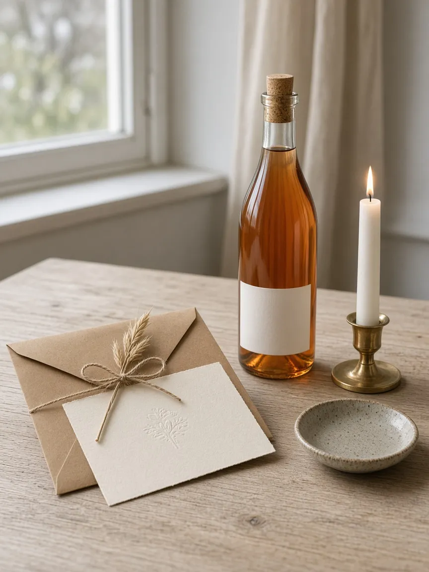 A cream card tied to a kraft envelope with twine, beside a bottle of orange wine and a candle
