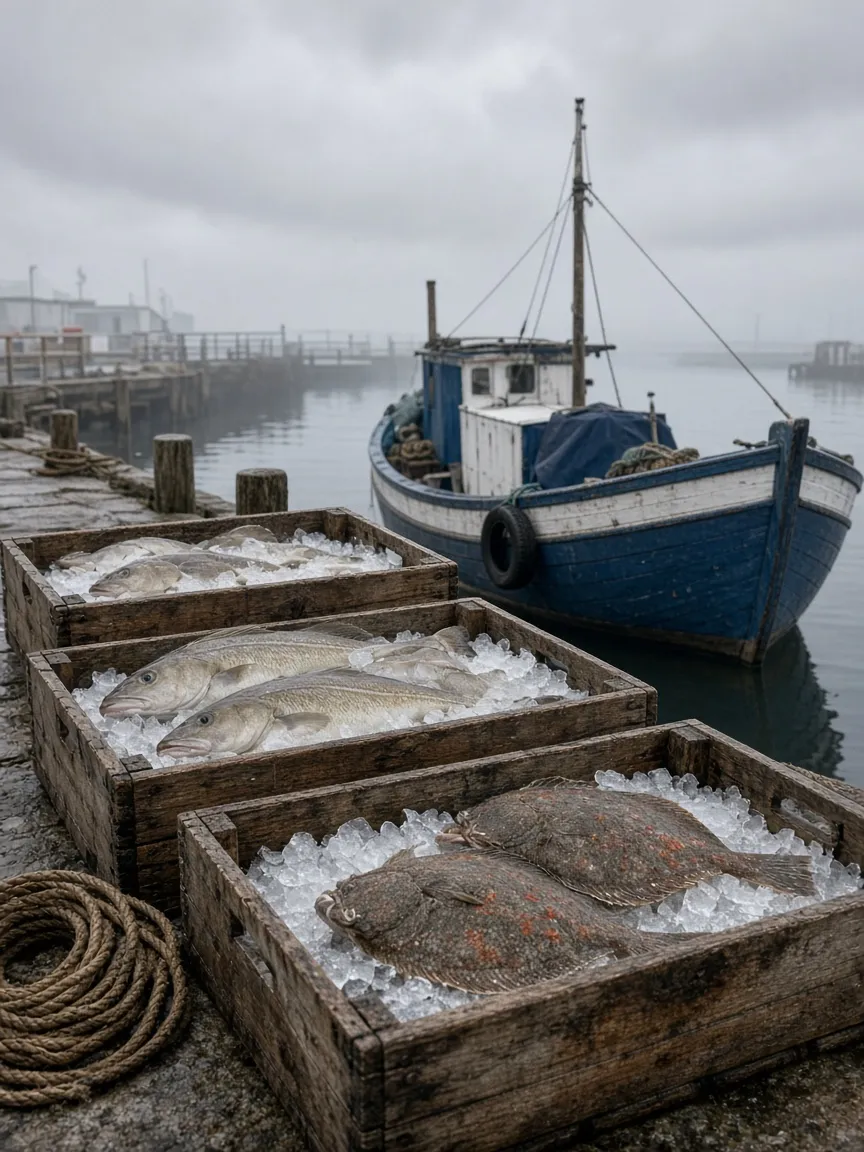 Crates of plaice and cod on ice on the quay beside a small blue fishing boat