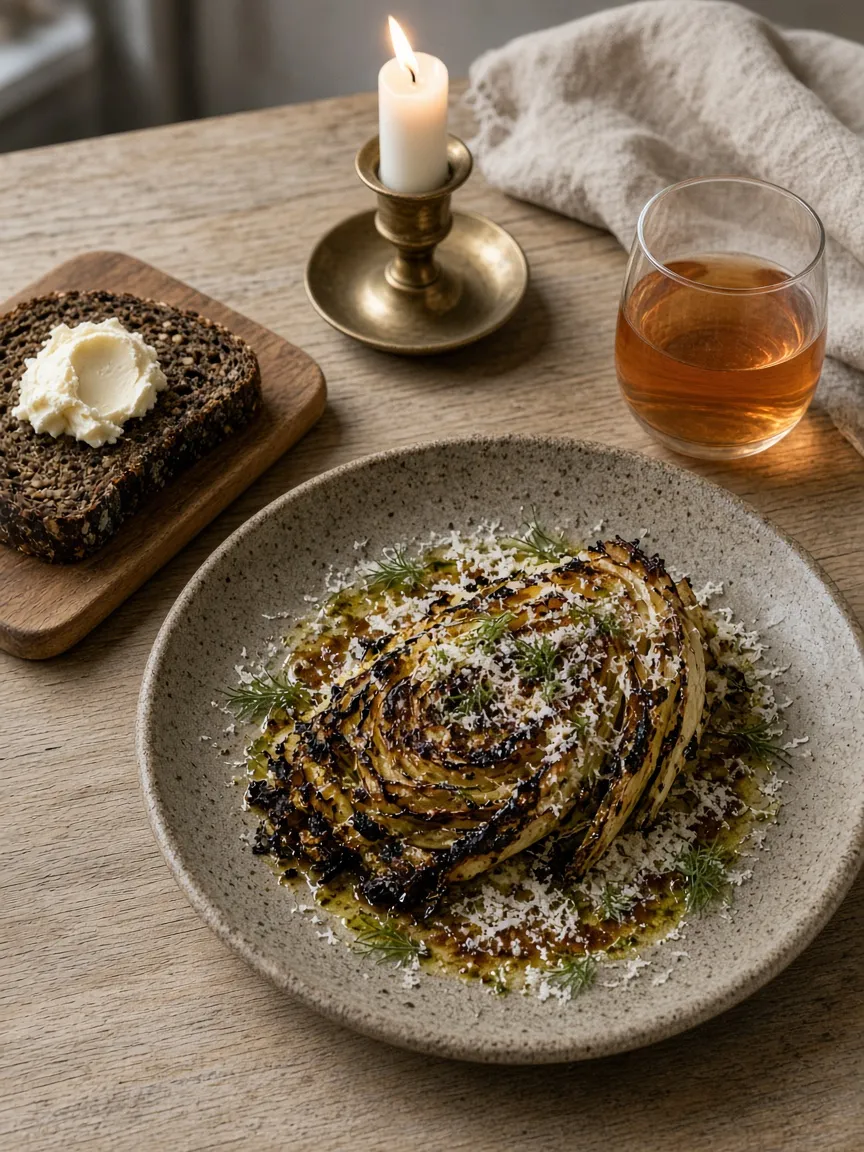 Fire-charred hispi cabbage with brown butter and dill, rye bread and a candle on an oak table