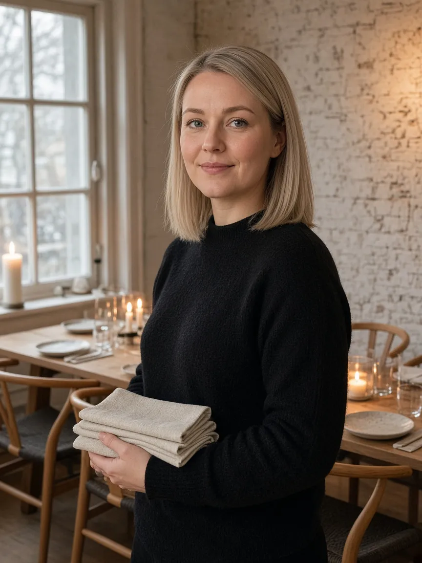 Ida Nørgaard in a black wool sweater holding folded linen napkins in the candlelit dining room