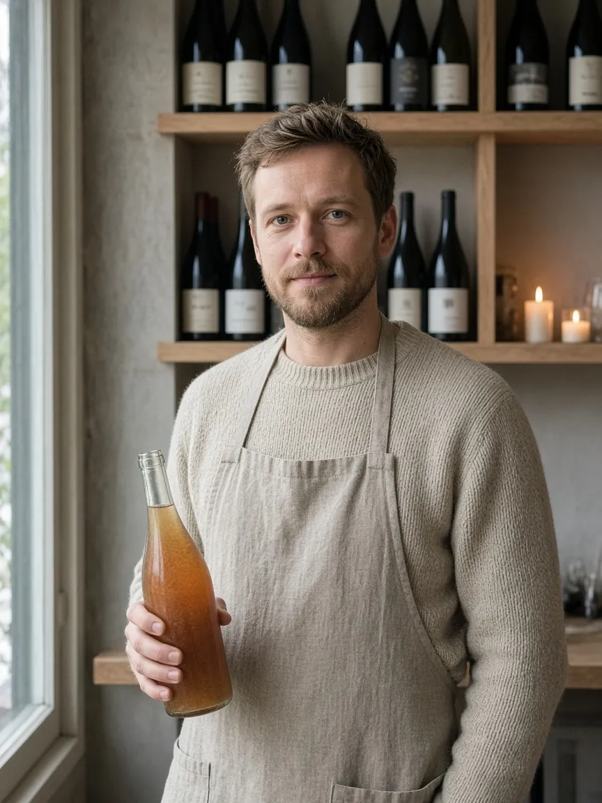 Magnus Holm in an oatmeal sweater and linen apron holding a bottle of orange wine in front of the wine shelves