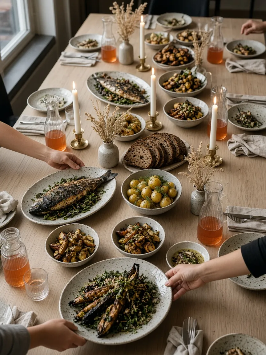 A long oak table of shared platters, rye bread, orange wine and candles, hands passing plates