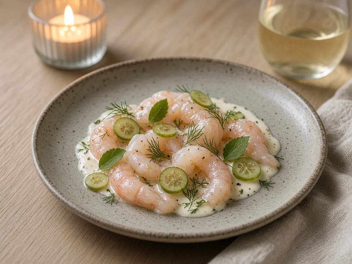 Raw fjord shrimp with buttermilk, pickled gooseberry and dill on a speckled stoneware plate
