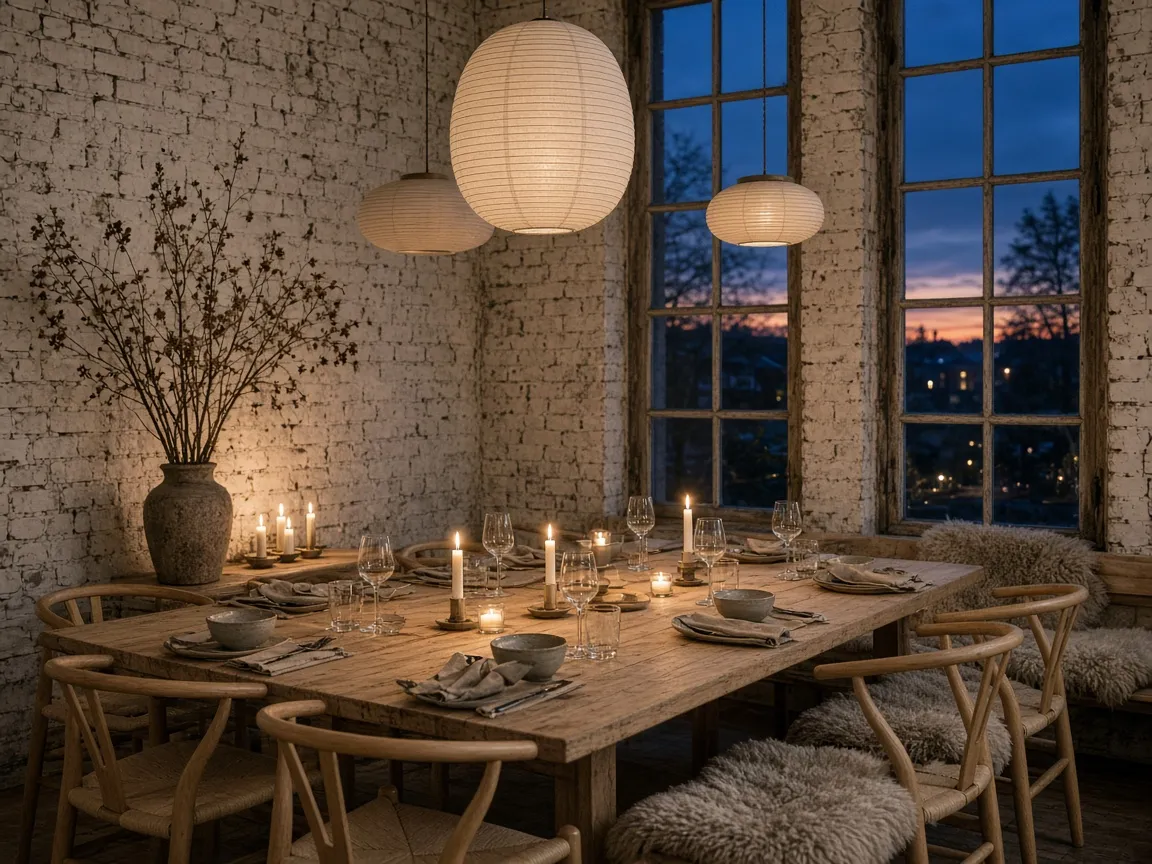 A long oak table set with candles, wishbone chairs and sheepskins under paper lamps