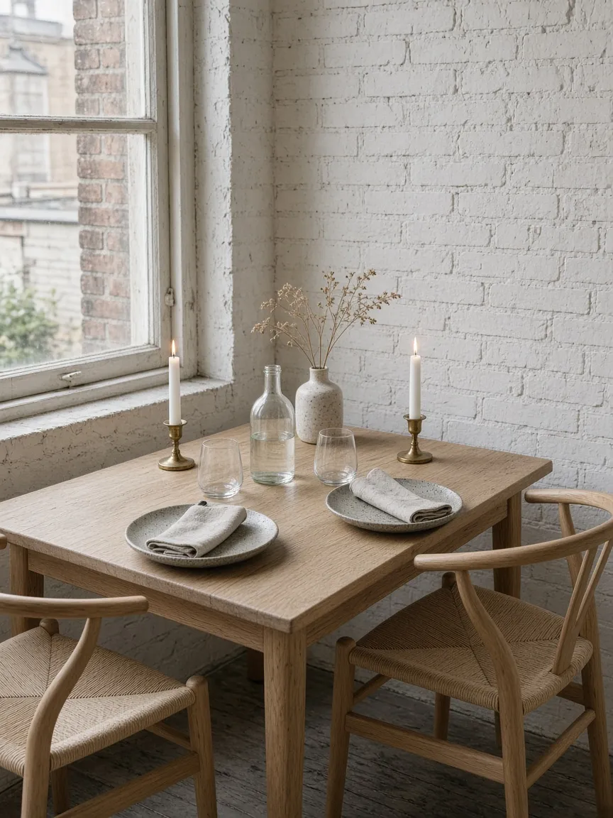 A table for two set with stoneware, linen and lit candles by a window against whitewashed brick
