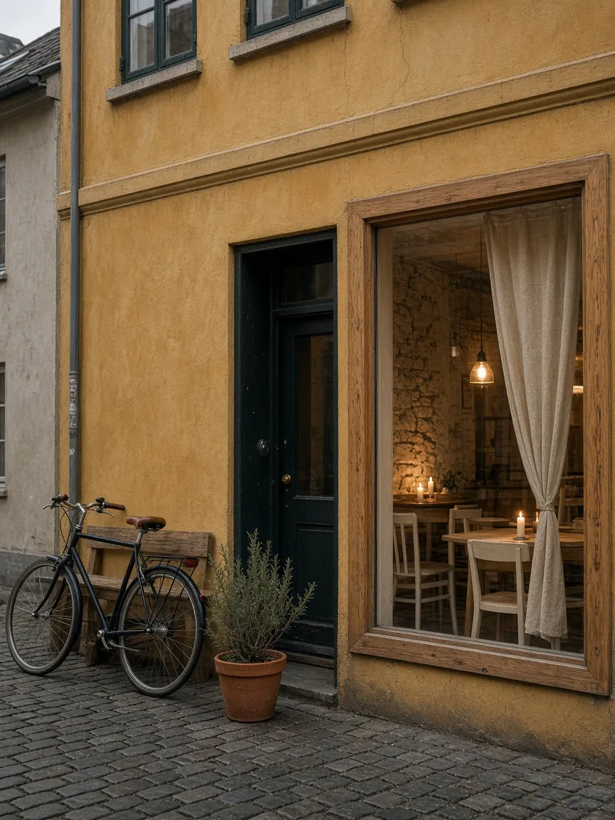 An ochre house on a cobbled street with a candlelit window, a bicycle and a bench by the door