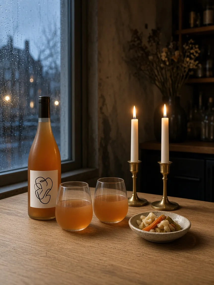 A bottle of orange wine, two glasses and pickles on an oak table by a rainy window